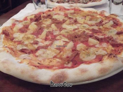 'Hawaii' Pizza which was topped with faux meat, pineapple, banana, spices (I think it was paprika?!) and faux cheese. at O'Mamma Mia in Stockholm
