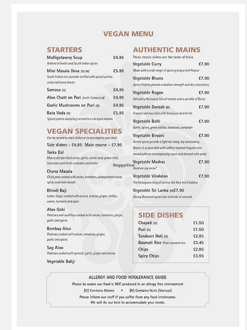 Vegan menu at Goa in Sunderland