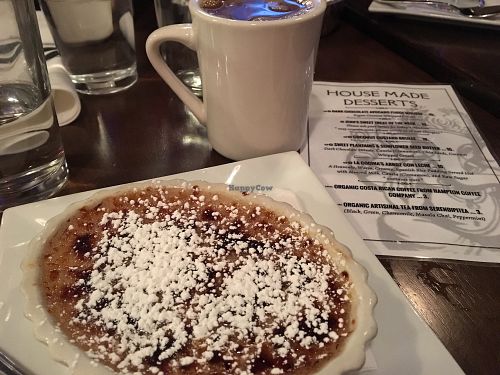 Coconut custard brûlée dessert with coffee and almond milk at The Purple Elephant in Northport