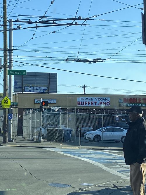Fenced in parking lot  at ChuMinh Tofu and Veggie Deli in Seattle