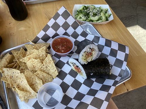 Hippy burrito with no jalapeño and the peanut sauce with a side of the cucumber salad  at Wasabi Juan's - The Battery in Birmingham