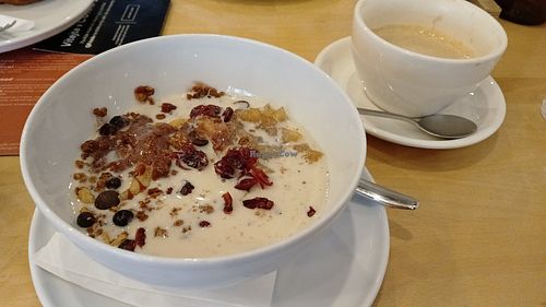 Vegan granola and chai latte with soy milk at COKAFE Centrum in Ostrava