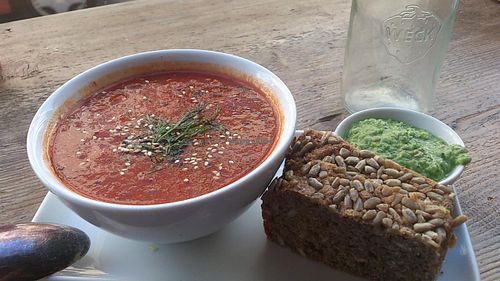 Tomatosoup, bread & dip  at Deli Kitchen in Munich