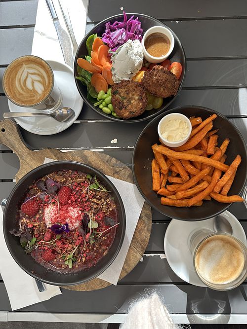 Coffees, sweet potato chips (subbed for vegan mayo), rhubarb crumble  at Fourth Chapter in Prahran