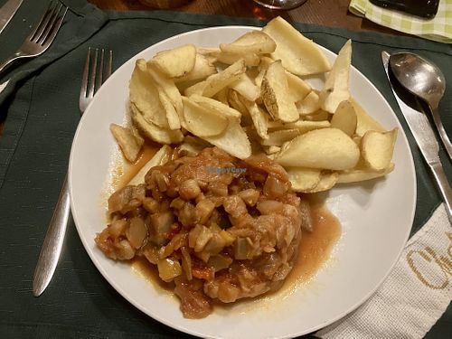 Eggplant and chickpea stew, rustic potato as side dish  at Chalet Bielmonte in Bielmonte