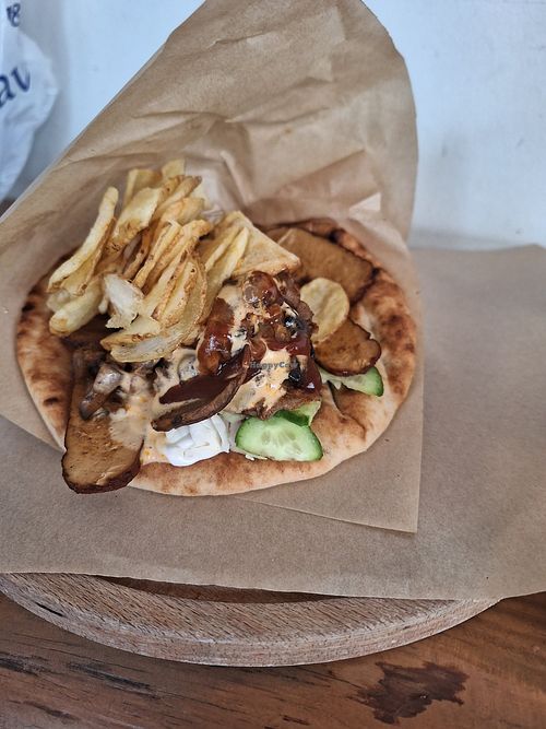 Mushroom gyros with smoked bio tofu at Veganato in Crete