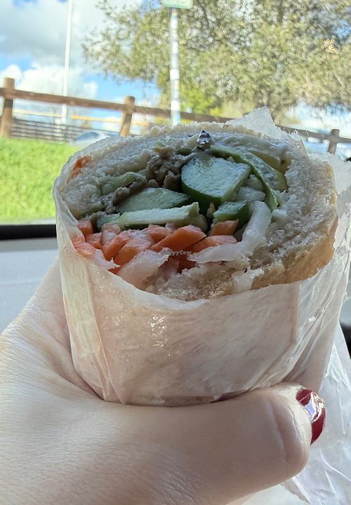 interior of impossible banh mi sandwich  at Bah Mi Ba in Fairfax