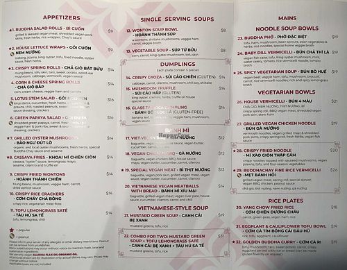 Current Menu at Buddha Chay in Vancouver