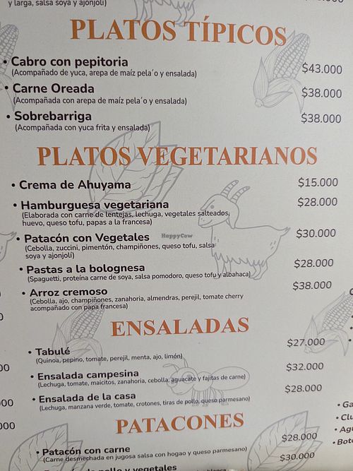 Vegetarian items on menu at La Villa  in Barichara