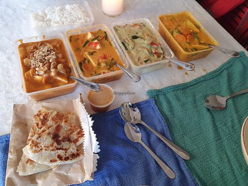 Massaman Curry, Red Curry, Green Curry, Yellow Pineapple Curry, all with tofu at Siam Station in Geelong