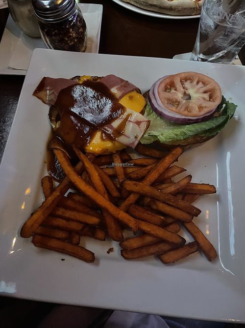 Bbq “chicken” sandwich & sweet potato fries   at Mercury Bar West in New York City
