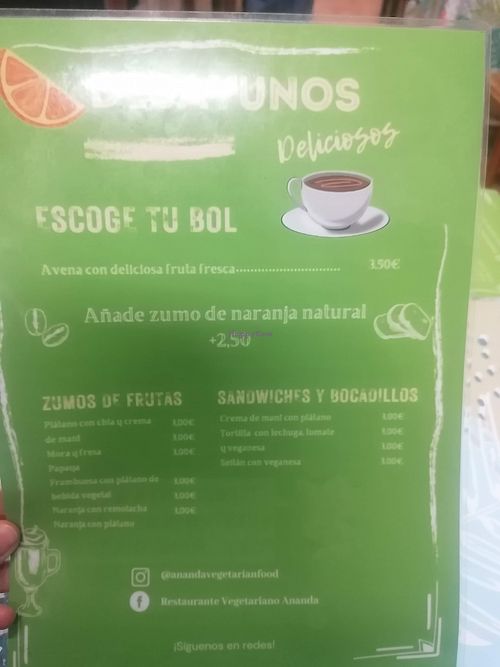 Menu at Ananda in Tenerife