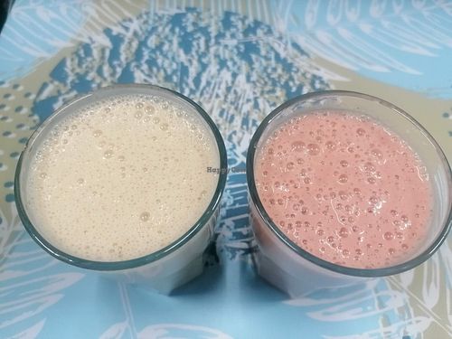 Smoothies you choose the ingredients. One is the classic banana peanut butter one and the other is strawberry melon both with soy milk. at Ananda in Tenerife
