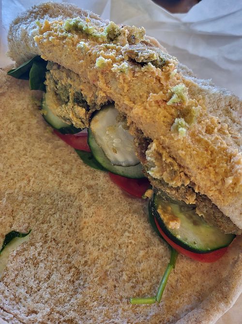 Falafel, hummus and veggies on wheat pita at Pita Fusion in Austin