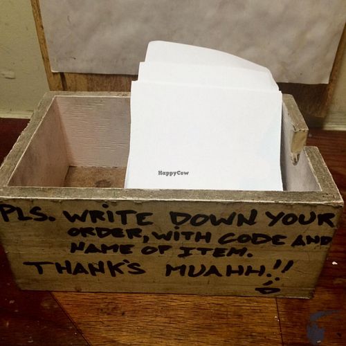 Don't forget to write down your order with the code and the name of the item. at Tribal Cafe in Los Angeles