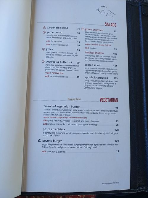 Vegetarian options available at Cattle Baron Tsitsikamma in Eastern Cape