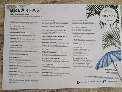 Breakfast menu March 2025 at Aromas on Sea in Terrigal