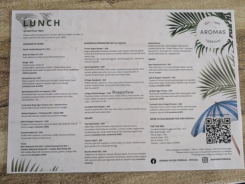 Lunch menu March 2025 at Aromas on Sea in Terrigal