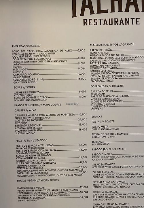 Menu with vegan section in bottom left corner  at Talhadas in Machico