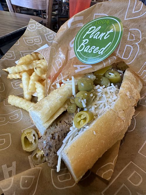 Beefless beef with vegan cheese, hot giardiniera and fries.  at Buona in Itasca