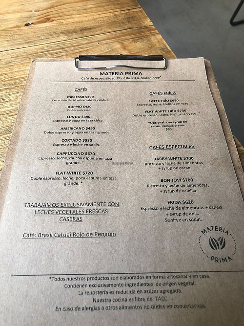 menu at Materia Prima Café in Buenos Aires