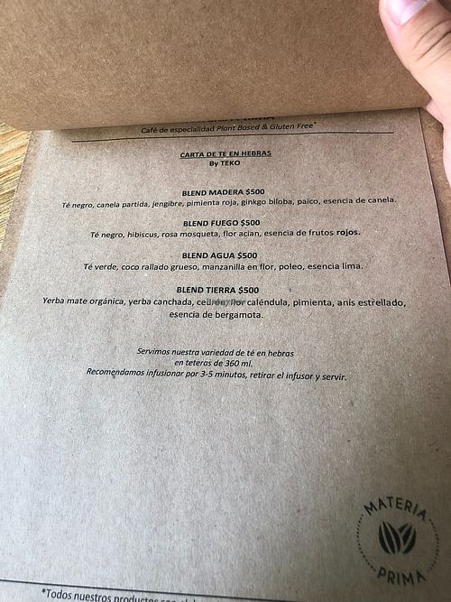 menu at Materia Prima Café in Buenos Aires