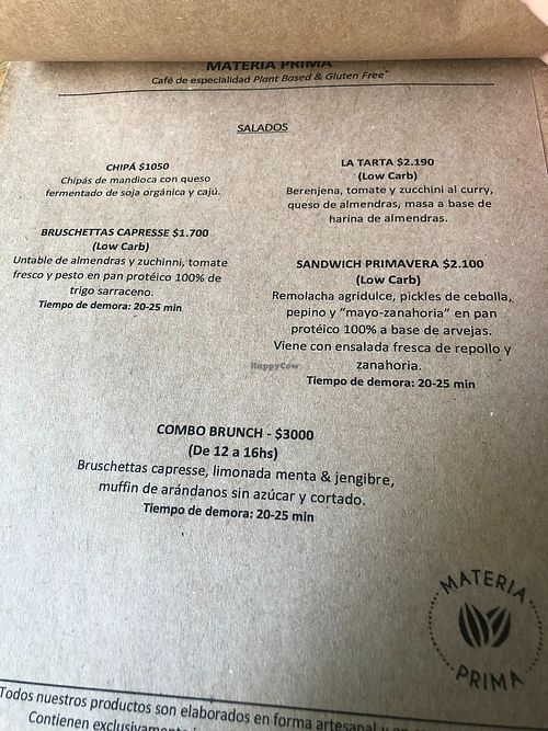 menu at Materia Prima Café in Buenos Aires