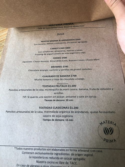 menu at Materia Prima Café in Buenos Aires