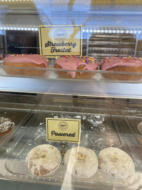 Vegan strawberry frosted & powered  at Vice Doughnuts & Coffee in Massapequa