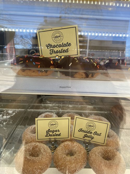 Vegan chocolate frosted, sugar dusted and jelly   at Vice Doughnuts & Coffee in Massapequa