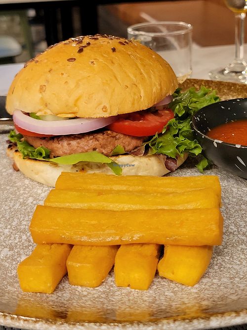 Beyond burger with yucca fries at Pranaa Food For Life in Bangkok