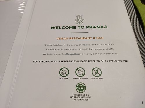Menu at Pranaa Food For Life in Bangkok