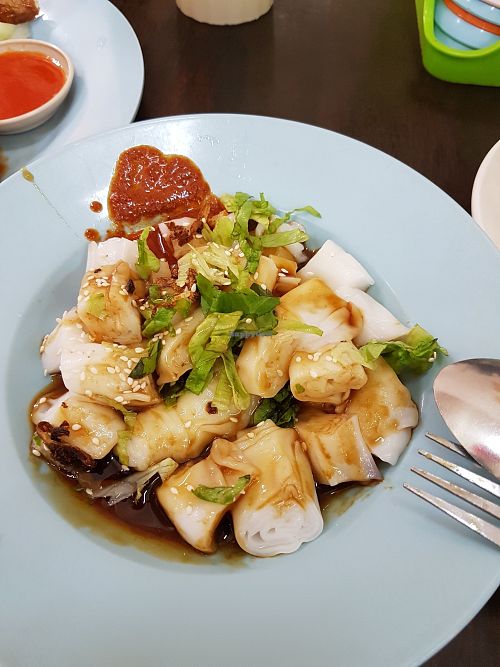 Chee Cheong Fun (Steamed rice sheets). Simple dish with a light sauce, but I like the texture. at Shui Xian Su Shi Yuan in Malacca