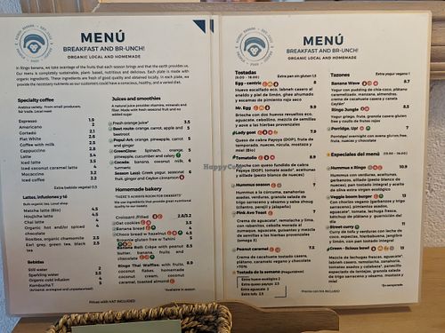Coffee and juice menu (and food menu in Spanish) at Ringo Banana  in Sevilla