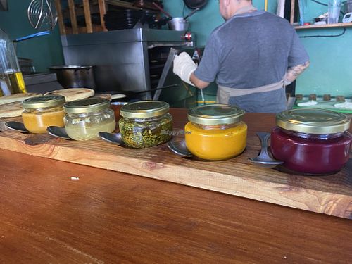 All vegan sauces including very spicy habanero and mild chimichurri   at Alta Gula in Holbox