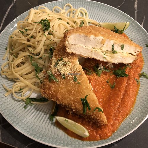 Breaded tofu with tomato sauce and parsley garlic linguini   at Giulietta - Pizzeria & Cucina Vegana in Lisbon