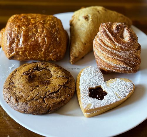 Chocolate croissant, scone, cinnamon knot, jam shortbread cookie and chocolate chip cookie   at Bakers Bench in Los Angeles
