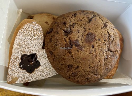 To go box with jam shortbread cookie and chocolate chip cookie on top   at Bakers Bench in Los Angeles
