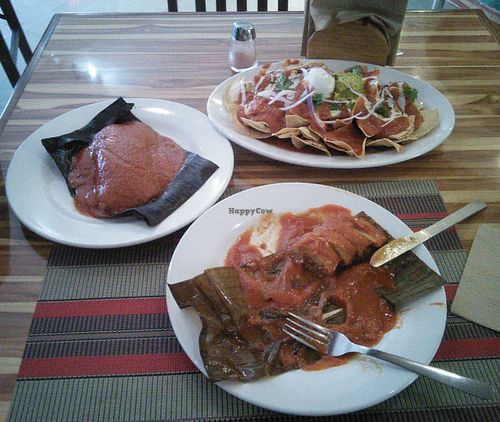 Chilaquiles, and two different tamales.  at Vegan Planet in Cancun