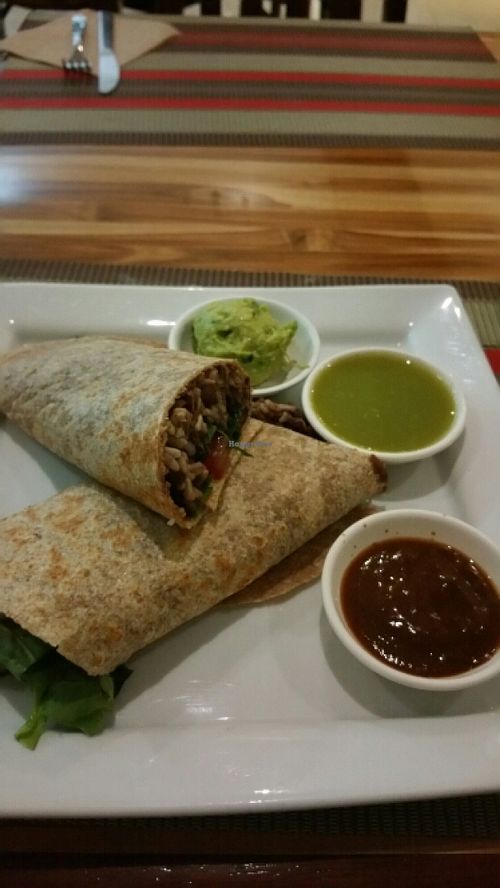 Burrito with amazing sauces and guac!  at Vegan Planet in Cancun
