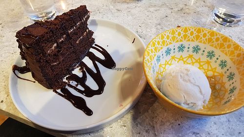 Vegan fudge cake and vanilla ice cream at Delhiwala Food in Leeds