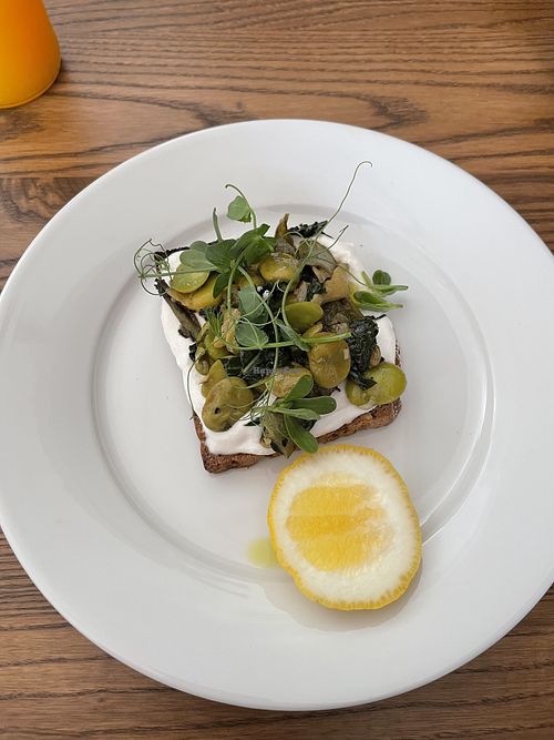 Vegan macadamia "feta" with the broadbeans on top  at Florets in Auckland