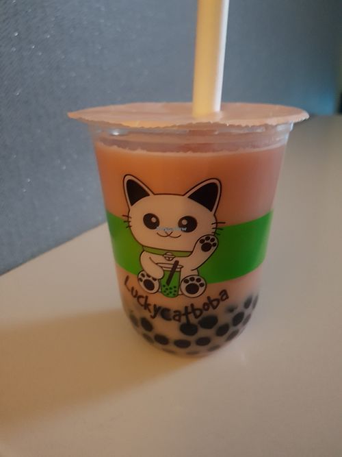 Raspberry soya milk bubble tea with tapioca pearls  #Veganuary at Lucky Cat Boba in Middlesbrough