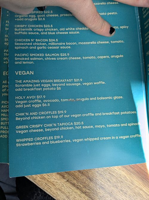Vegan menu at Craffles in Vancouver