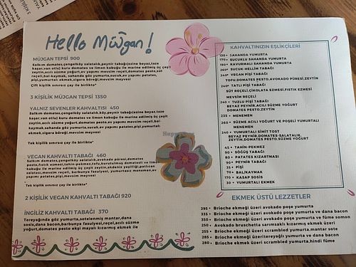 front side of menu (back unpictured) at Müjgan Yeldeğirmeni in Istanbul