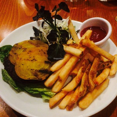 Beet burger on a bed of lettuce at Sweet Grass Grill in Tarrytown
