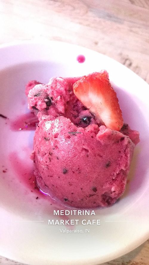 Vegan blueberry sorbet (They have vegan desserts now! Sorbets and vegan cheesecakes!) at Meditrina Market Cafe in Valparaiso