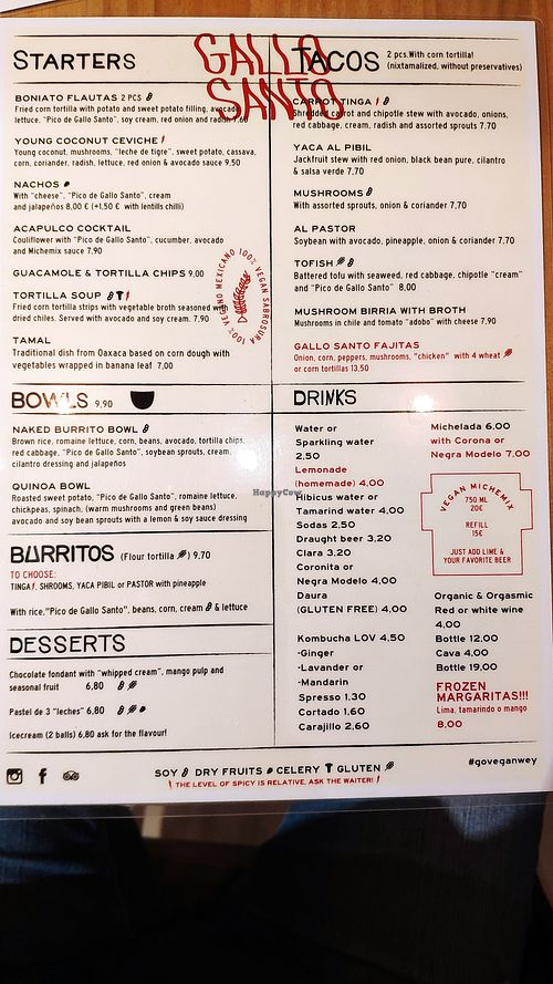 Menu at Gallo Santo in Barcelona