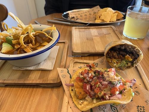 Fish taco + burrito + tortilla soupp  at Gallo Santo in Barcelona