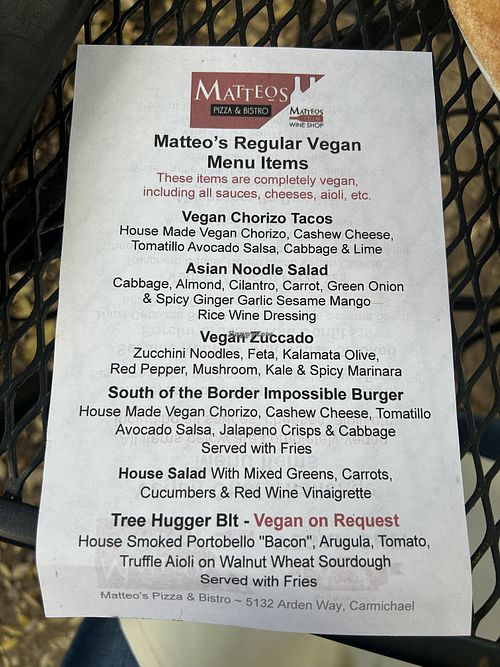 Vegan menu   at Matteo's Pizza & Bistro in Carmichael